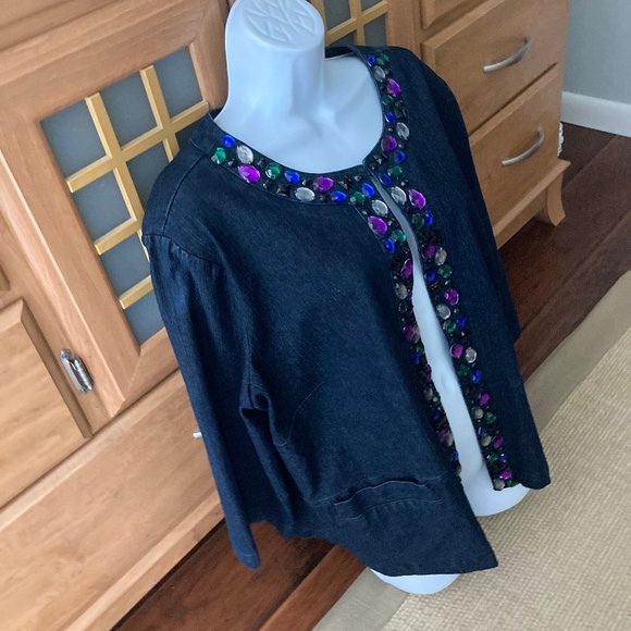 Ruby Rd. Woman Collarless Jeweled Denim Jacket 18W - Picture 5 of 9